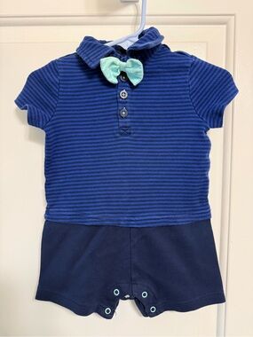 Cherokee Navy & Blue Striped Polo Romper with Mint Bow